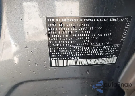 2018 Volkswagen Tiguan 2.0T S из США, поврежденный, VIN 3VV1B7AX4JM064688